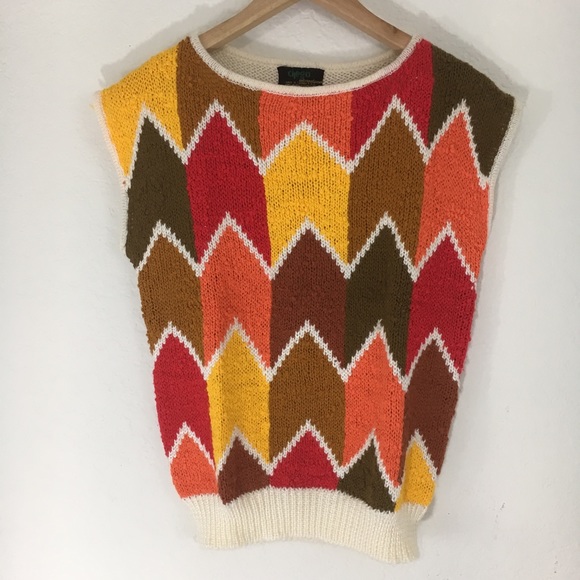 Vintage sweater knit vest top chevron red/yellow M - Picture 2 of 6